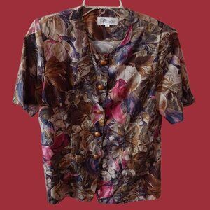 Victoria Vtg  Womens Floral Short-Sleeve Button-Up Blouse Size 13 Multicolor